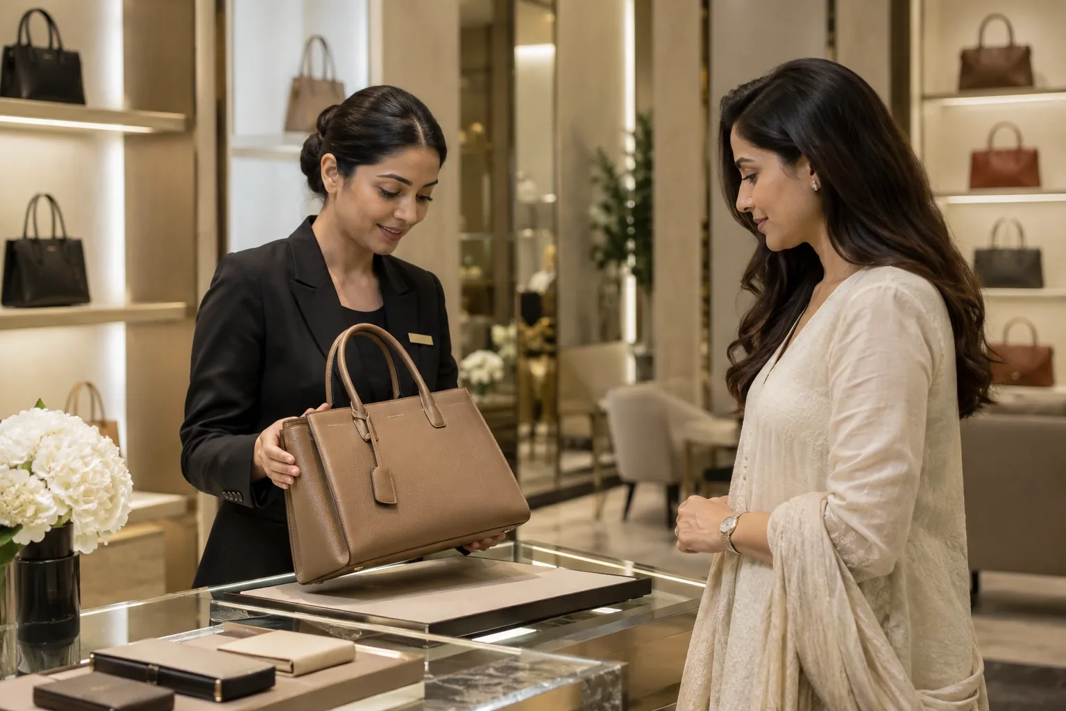 An elegant luxury boutique interior with an Indian adult sales consultant presenting a beautifully crafted unbranded leather handbag to a customer, quiet neutral palette.